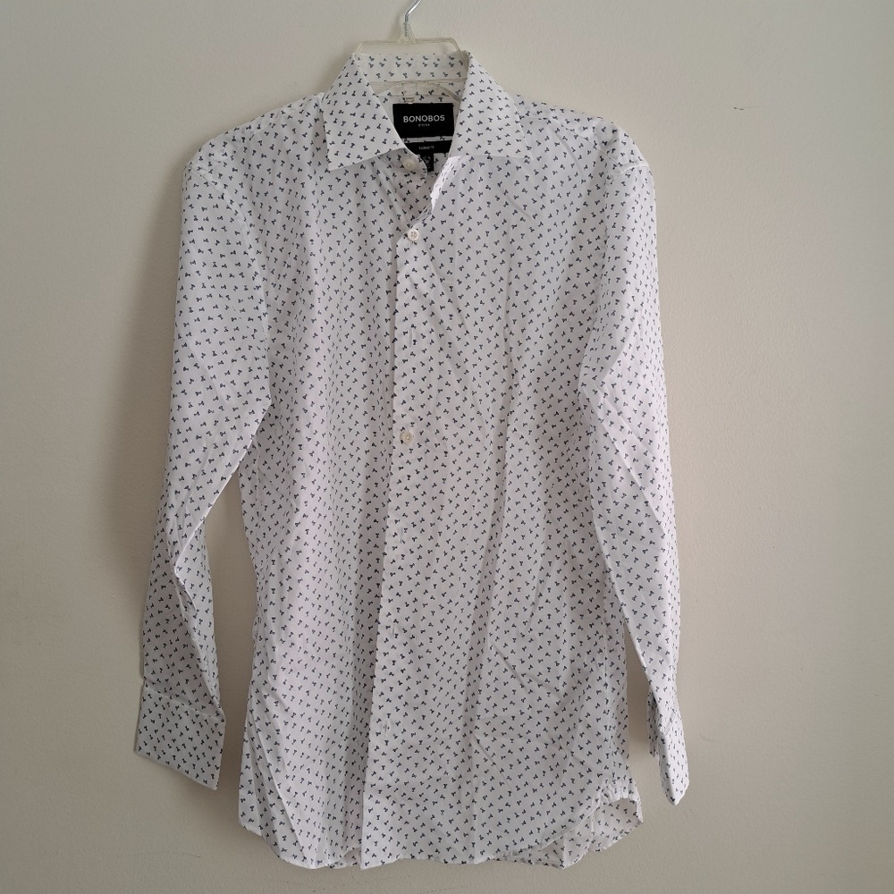 Bonobos Mens‎ Stretch Tailored Fit Dress Shirt White Blue Martini Print 15.5 32